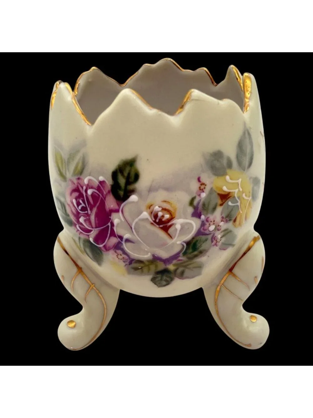 Vtg 1960s Inarco Handpainted Porcelain Broken Egg Vase Roses MCM 4